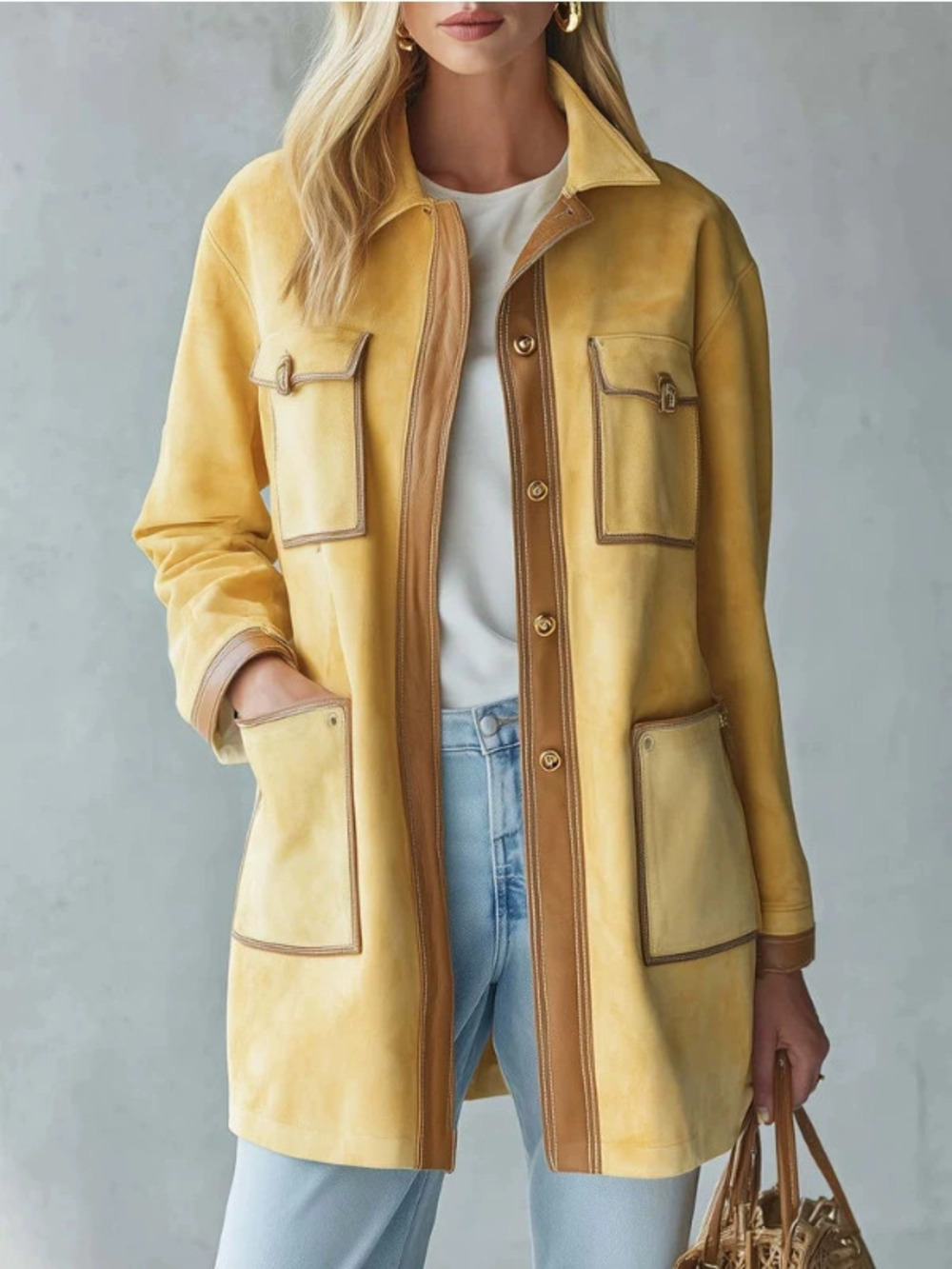 H&M Women Retro Casual Mid Length Yellow Jacket